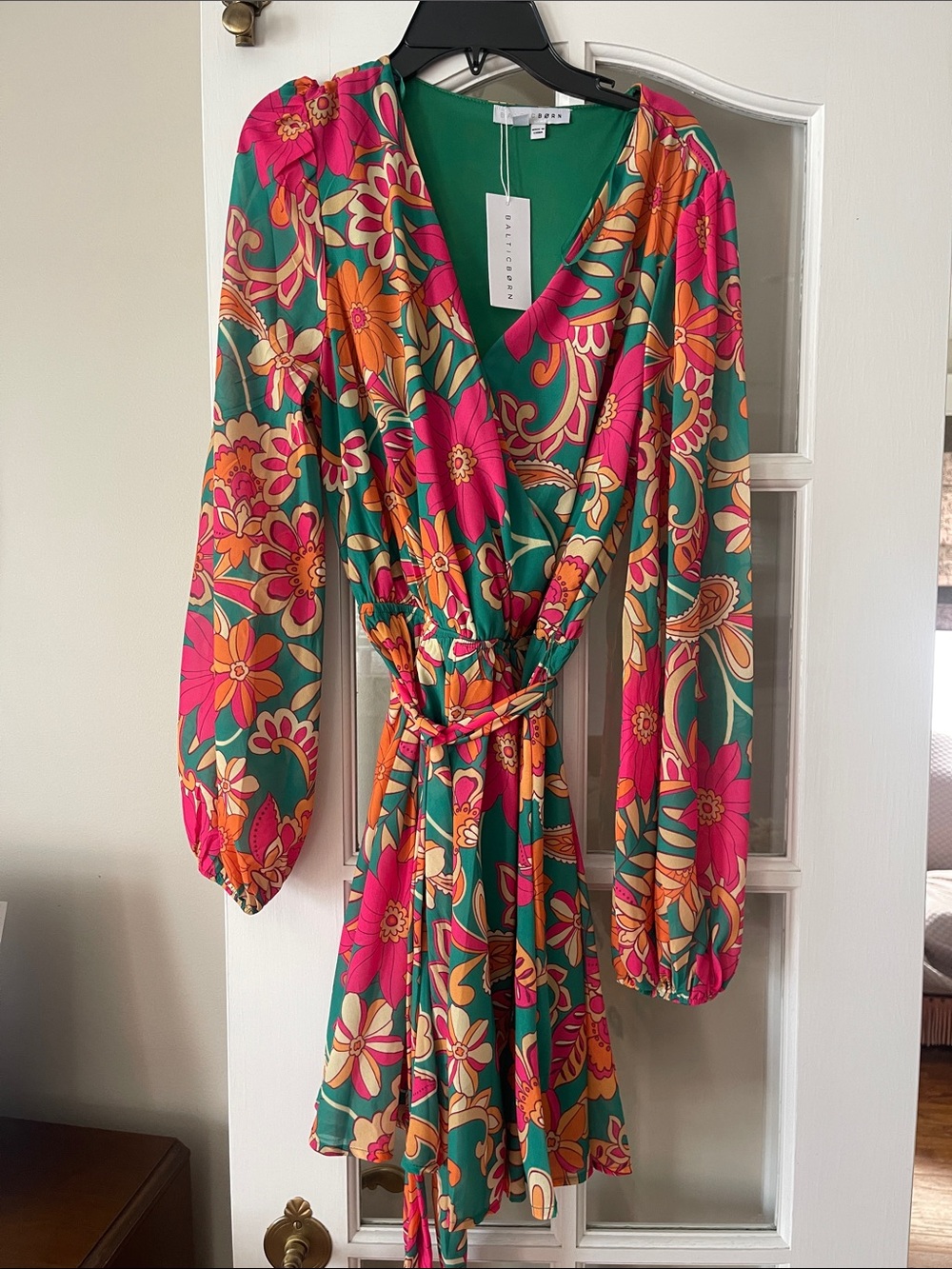 Baltic Born Green Floral Wrap Mini Dress with Pink & Orange Accents